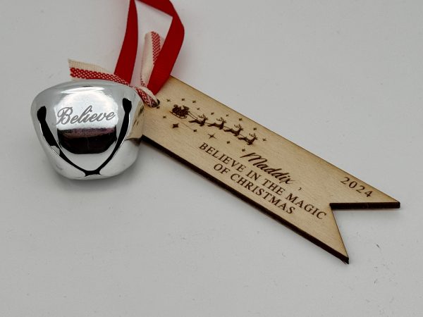 Santa "Believe" Silver Bell Personalized Ornament - Image 2